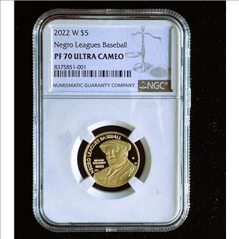 GOLD, 2022-W $5 DOLLAR NEGRO LEAGUES BASEBALL, NGC HIGH GRADED PROOF 70 ULTRA CAMEO, GEM UNBLEMISHED COIN IN THE SLAB