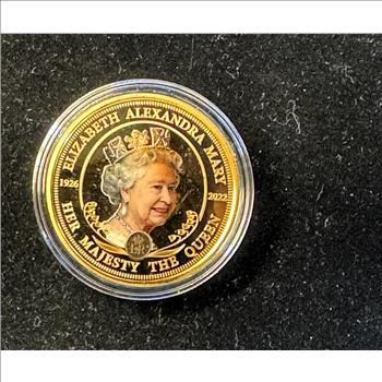 QUEEN ELIZABET II 24K GOLD PLATED MEMORIAL PROOF COLORIZED COIN IN ORIG CAPSULE, BRADFORD EXCHANGE BAG