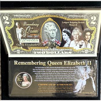 U.S. MINT ISSUED, $2 DOLLAR UNC REMEMBERING QUEEN ELIZABETH II , ORIG MINT HOLDER, COA