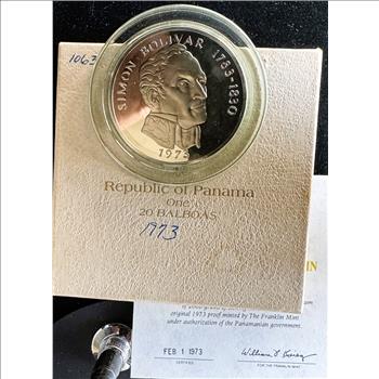 1973 PANAMA 20 BALBOAS 4oz .925 SILVER PROOF CAMEO UNBLEMISHED GEM COIN IN ORIG PKG, CASE, SEALED CAPSULE, COA