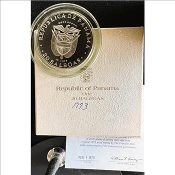 1973 PANAMA 20 BALBOAS 4oz .925 SILVER PROOF CAMEO UNBLEMISHED GEM COIN IN ORIG PKG, CASE, SEALED CAPSULE, COA