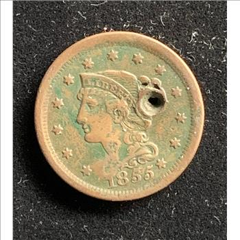 1855 LARGE ONE CENT COPPER COIN, FULL HEAD BAND AND BRAIDED HAIR BENEATH CIRCLE OF STARS, WITH HOLE