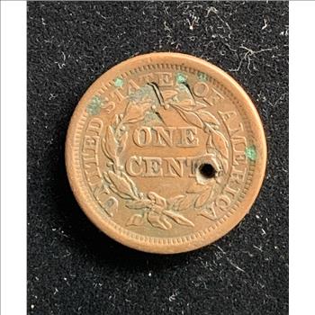 1855 LARGE ONE CENT COPPER COIN, FULL HEAD BAND AND BRAIDED HAIR BENEATH CIRCLE OF STARS, WITH HOLE