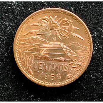 1955 20 CENTAVOS MEXICAN COPPER COIN, UNCIRCULATED IN EXCELLENT CONDITION
