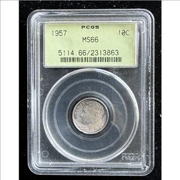 1957 SILVER DIME, PCGS GRADED MS-66 IN THE SLAB
