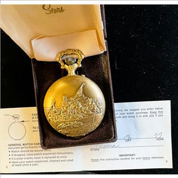 VINTAGE SEARS BICENTENNIAL1776-1976 POCKET WATCH, LIKE NEW NEVER TAKEN OUT OF ORIGINAL CASE, PAPERS