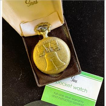 VINTAGE SEARS BICENTENNIAL1776-1976 POCKET WATCH, LIKE NEW NEVER TAKEN OUT OF ORIGINAL CASE, PAPERS