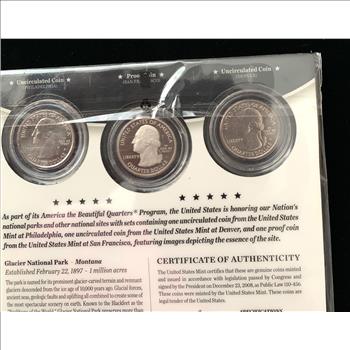 AMERICA THE BEAUTIFUL QUARTERS COIN SET GLACIER NATIONAL PARK (1) PROOF & (2) UNC IN ORIG US MINT PKG