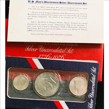 1976-S US BICENTENNIAL COMMEMORATIVE 3 COIN SET, SILVER UNCIRCULATED IN OGP, COA NEVER OPENED