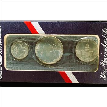 1976-S US BICENTENNIAL COMMEMORATIVE 3 COIN SET, SILVER UNCIRCULATED IN OGP, COA NEVER OPENED