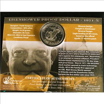 1971-S SILVER PROOF EISENHOWER DOLLAR COIN, FIRST COMMEMORATIVE MINT SEALED UNCIRCULATED CAPSULE/PKG, COA