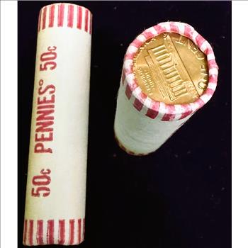 1981 (TWO) ROLLS OF 50 EACH BU COPPER LINCOLN PENNY COINS, LAST YEAR OF COPPER PENNIES, 1 IN ORIGINAL BANK WRAPPER, 1 ROLL IN TUBE