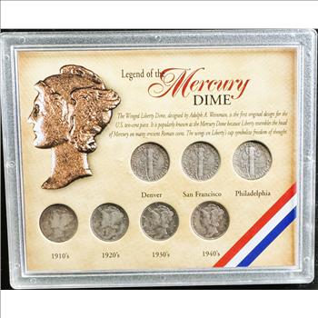 LEGEND OF THE MERCURY SILVER COLLECTION, 7 QUALITY DIMES IN A HARD CASE