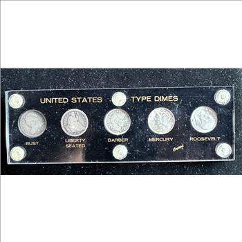 UNITED STATES TYPE SILVER DIMES, 1837- 1964, 5 COINS IN A HARD CASE