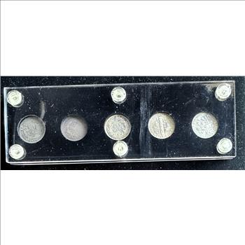 UNITED STATES TYPE SILVER DIMES, 1837- 1964, 5 COINS IN A HARD CASE