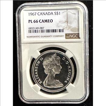 1967 SILVER CANADIAN GOOSE HIGH GRADE COIN, NGC GRADED PL 66 CAMEO PROOF IN THE SLAB