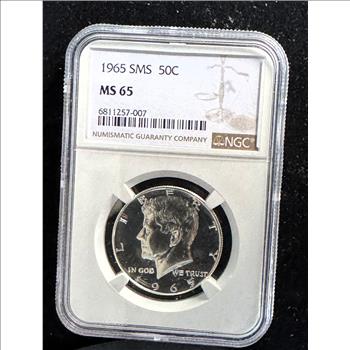 1965 SMS KENNEDY HALF DOLLAR SILVER NGC GRADED MS-65 COIN IN THE SLAB