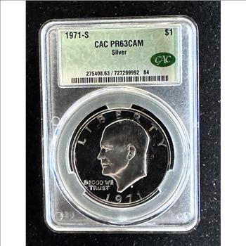 1971-S SILVER CAMEO PROOF EISENHOWER $1 DOLLAR, CAC GRADED PROOF-63 CAMEO, GEM COIN, IN A SLAB
