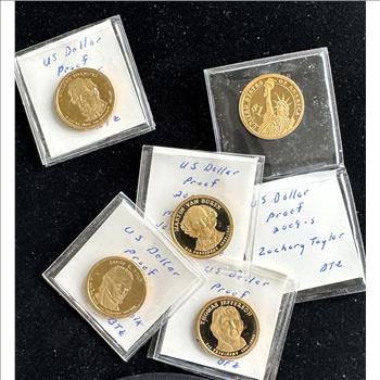 2007-S - 2010-S PRESIDENT (5) GOLDEN $1 DOLLAR CAMEO PROOF COINS