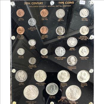 20TH CENTURY TYPE COINS COLLECTION  (24 COIN SET) INCL MORGAN & PEACE DOLLARS, NICE CAPITAL DISPLAY CASE
