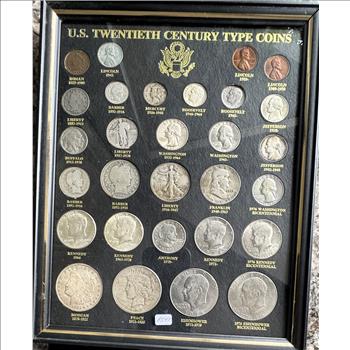 20TH CENTURY U.S. TYPE COINS COLLECTION  (29 COIN SET) INCL MORGAN & PEACE DOLLARS, NICE FRAMED DISPLAY CASE
