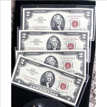 1963 SERIES $2 DOLLAR U.S. NOTE (4 CONSECUTIVE SERIAL #s)  RED SEALS,  CRISP BU INDIVIDUAL GEM BILLS IN SLEVES