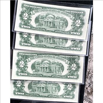 1963 SERIES $2 DOLLAR U.S. NOTE (4 CONSECUTIVE SERIAL #s)  RED SEALS,  CRISP BU INDIVIDUAL GEM BILLS IN SLEVES
