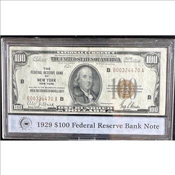 1929 SERIES $100 DOLLAR NATIONAL CURRENCY NOTE, BANK OF NEW YORK, PCS GUARENTEED IN A SEALED SLAB