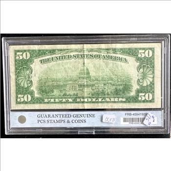 1929 SERIES $50 DOLLAR U.S. NATIONAL CURRENCY, CLEVELAND, PCS GUARANTEED, RED SEAL, IN A HARD SLAB