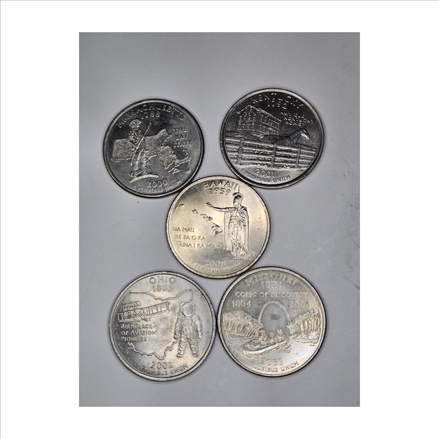 (5) State Quarters- Ohio-Missouri-Hawaii-Kentucky-Mass- From US Mint Sets