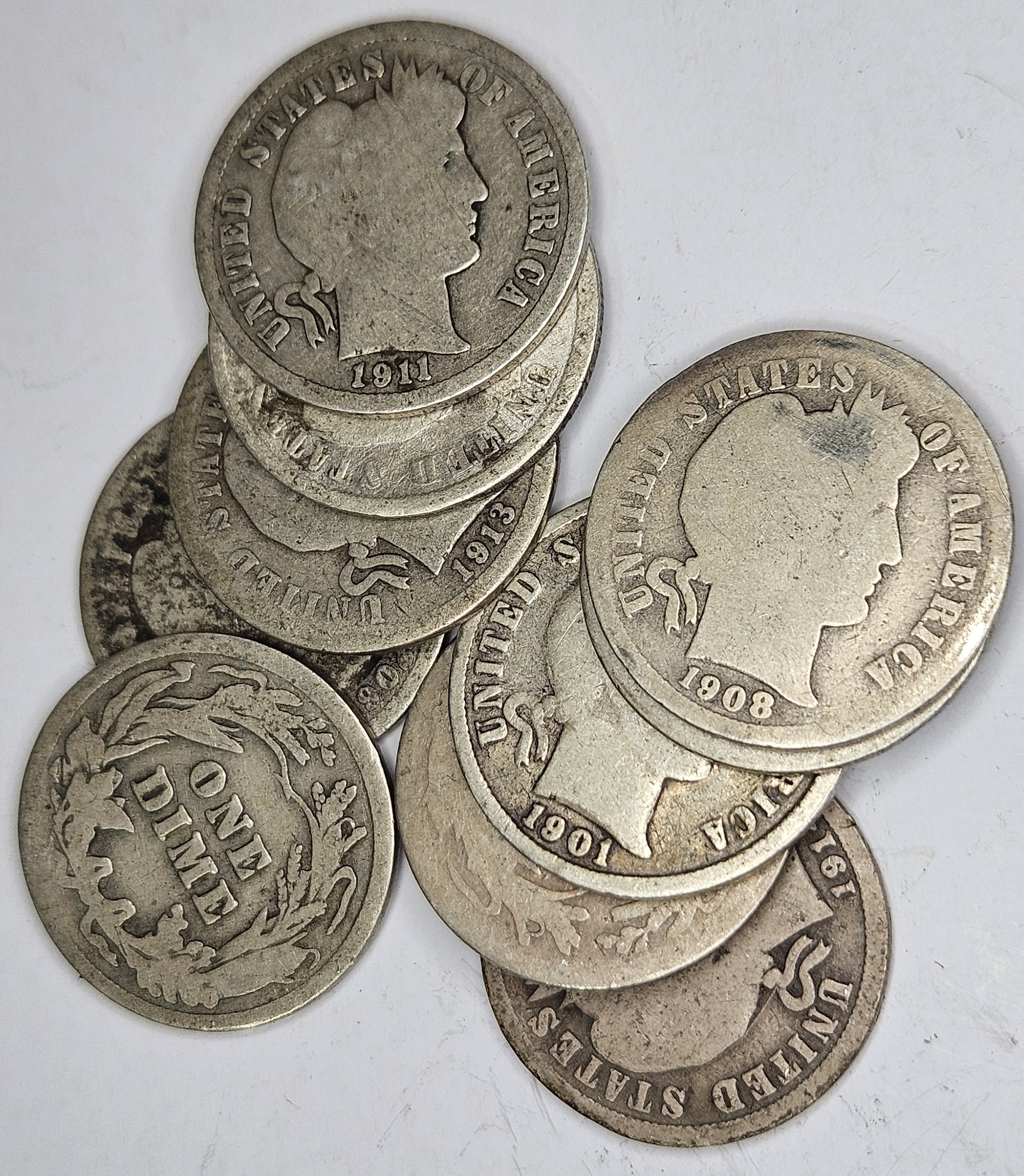 Lot of 10 Random Date Assorted Barber dimes