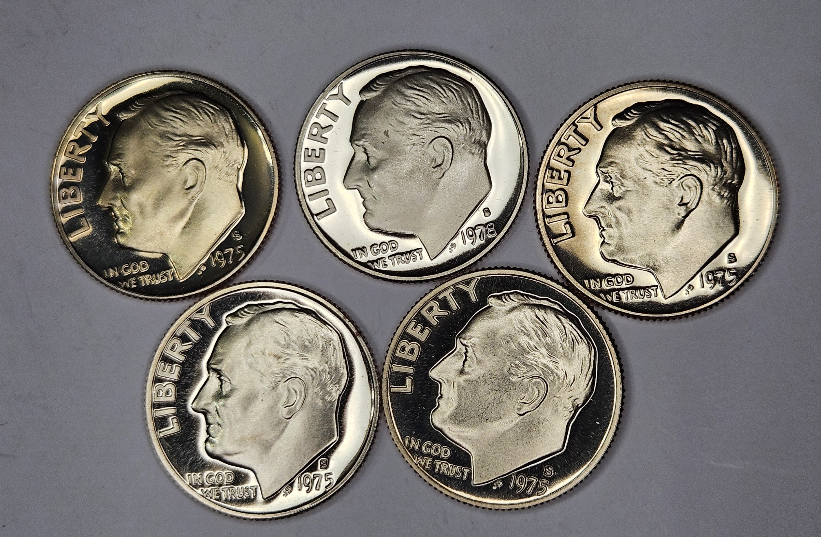 FIVE - Assorted GEM PROOF Roosevelt Dimes-