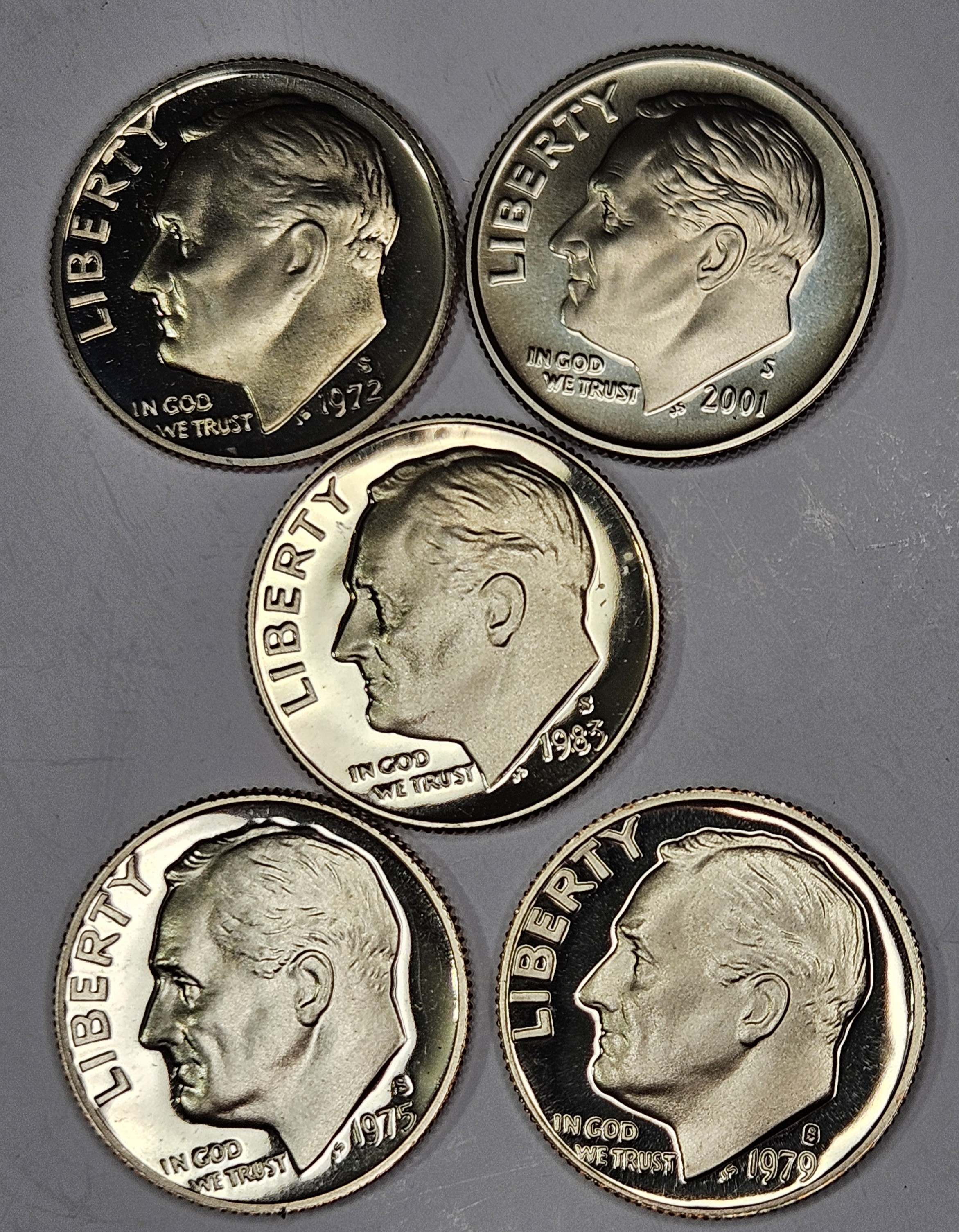 FIVE - Assorted GEM PROOF Roosevelt Dimes-