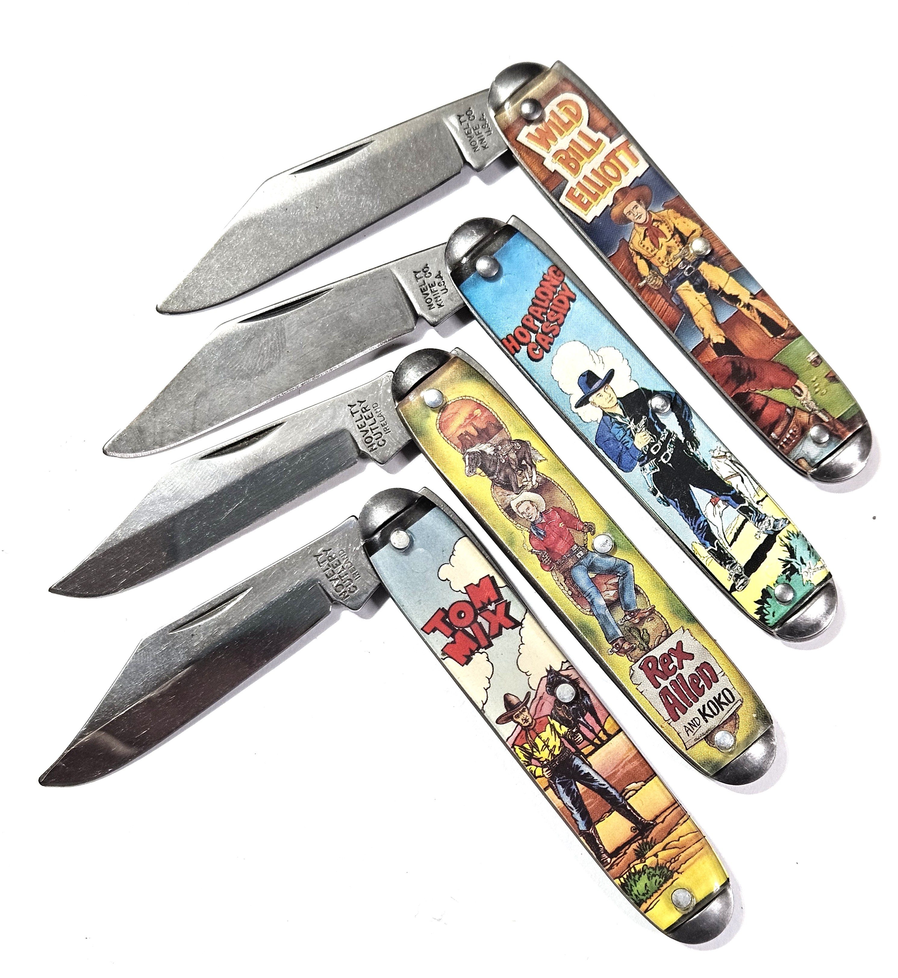 (4) Vintage USA Made Collecotrs Pocket Knives - Hopalong Cassidy - Tom Mix -Rex Allen - Wild Bill Ellliot - Vintage TV and Movie Stars