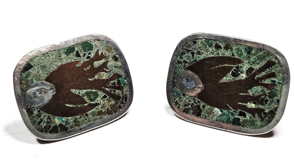 Vintage TAXCO Sterling Silver Raven Design Chip Inlay Earrings