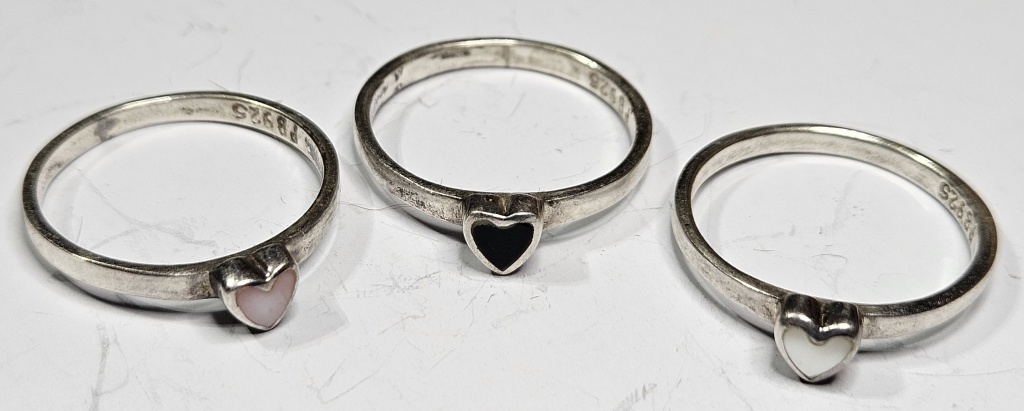 Lot of Three Sterling Silver Heart Shape Rings w/ Stones
