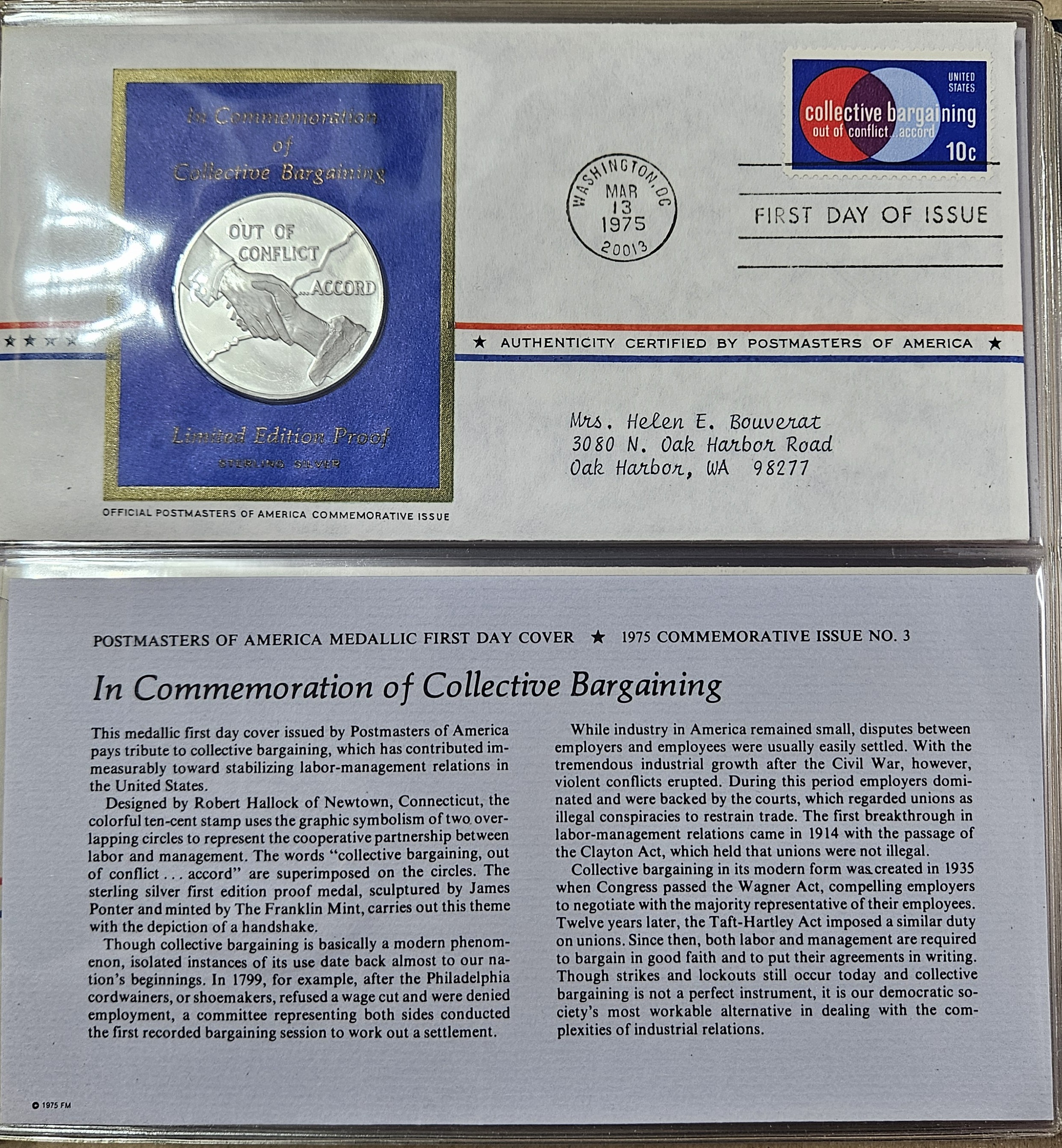 Sterling Silver Limited Edition Proof - Collective Bargaining - 1st Day Cover - Postmaster Commemorative -