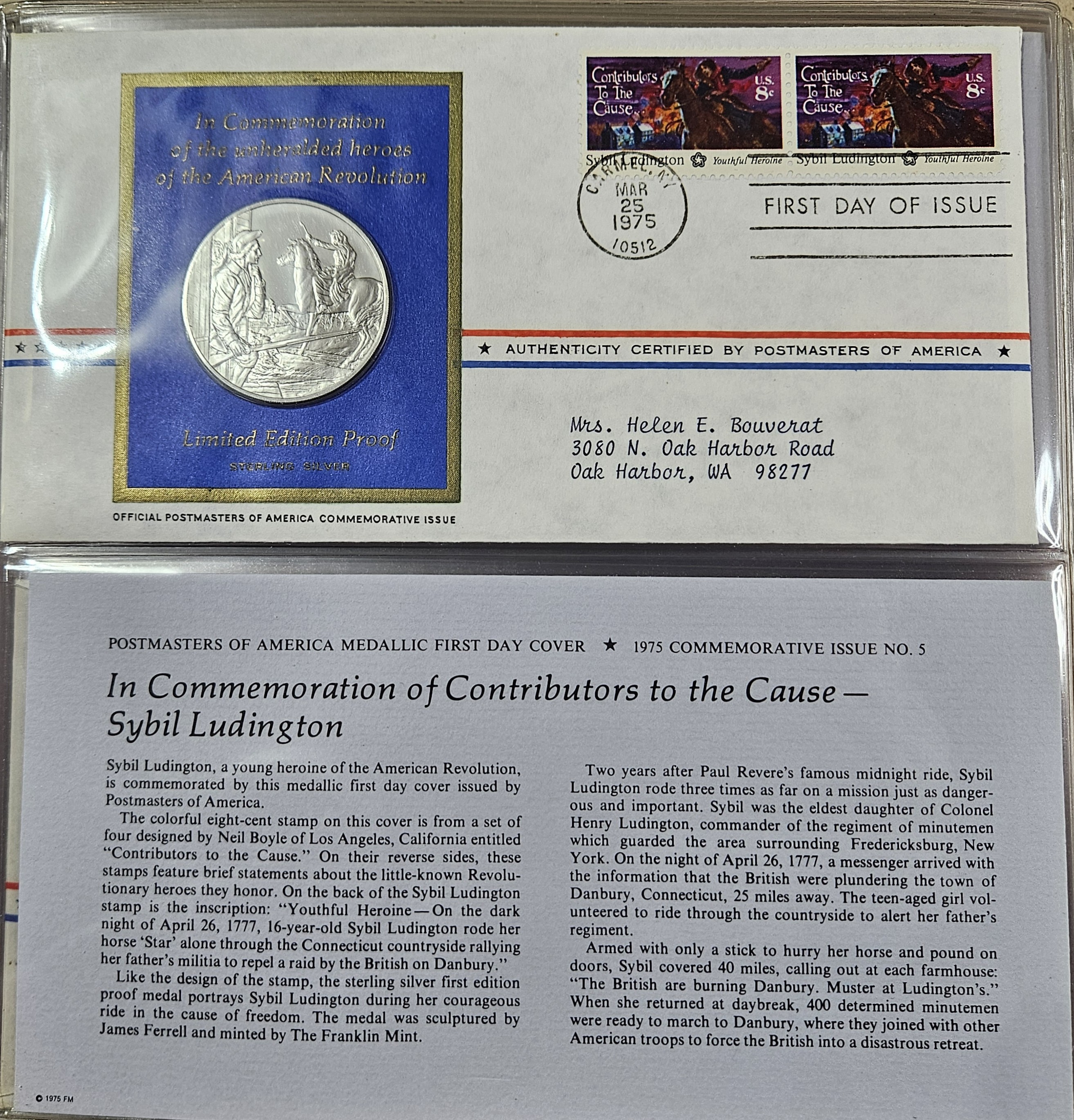 Sybil Ludington Revolution - Sterling Silver Proof - W/ 1st Day Issue Stamp -