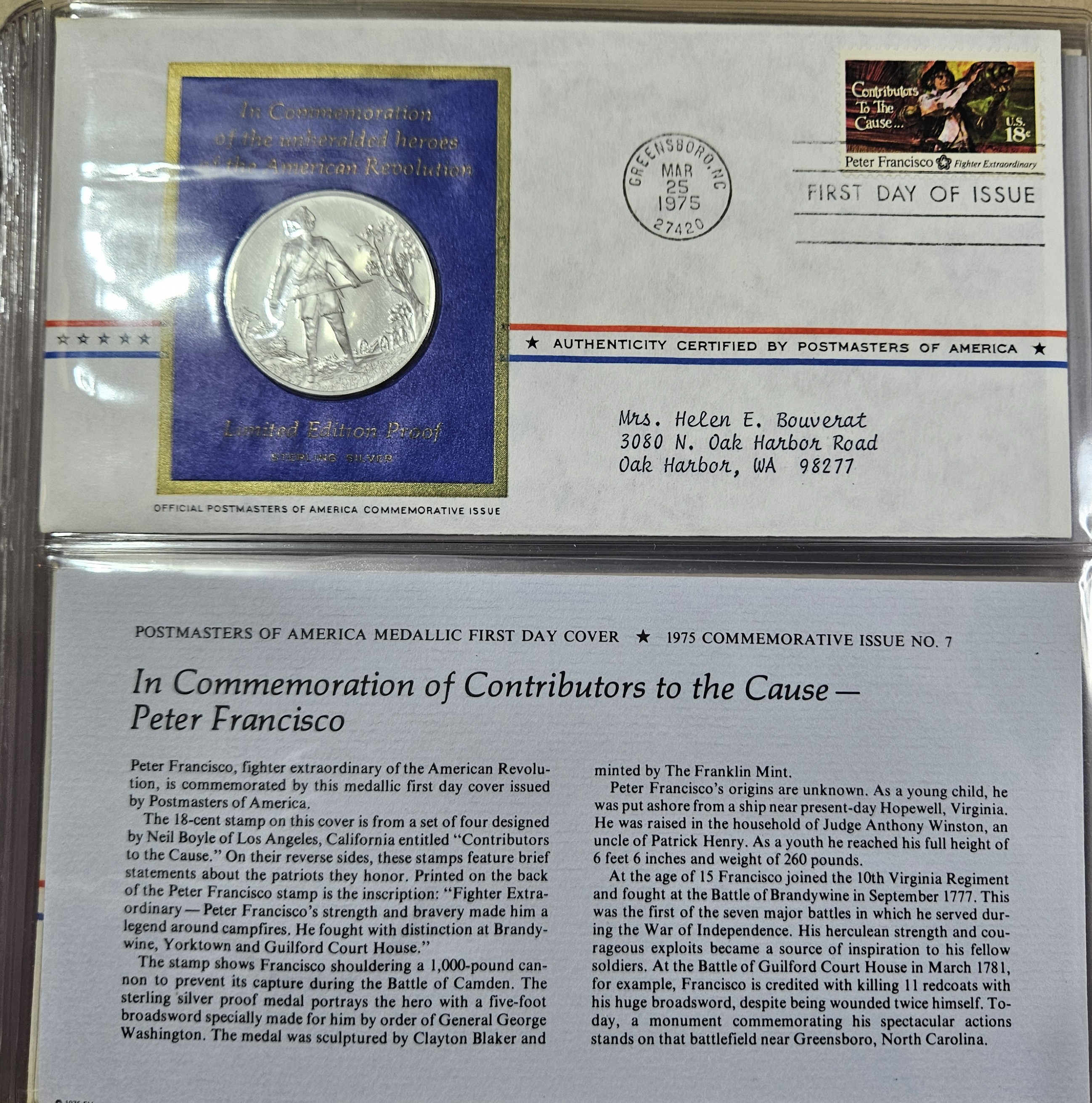 Peter Francisco Sterling Silver Proof - 1st Day Issue Stamp -