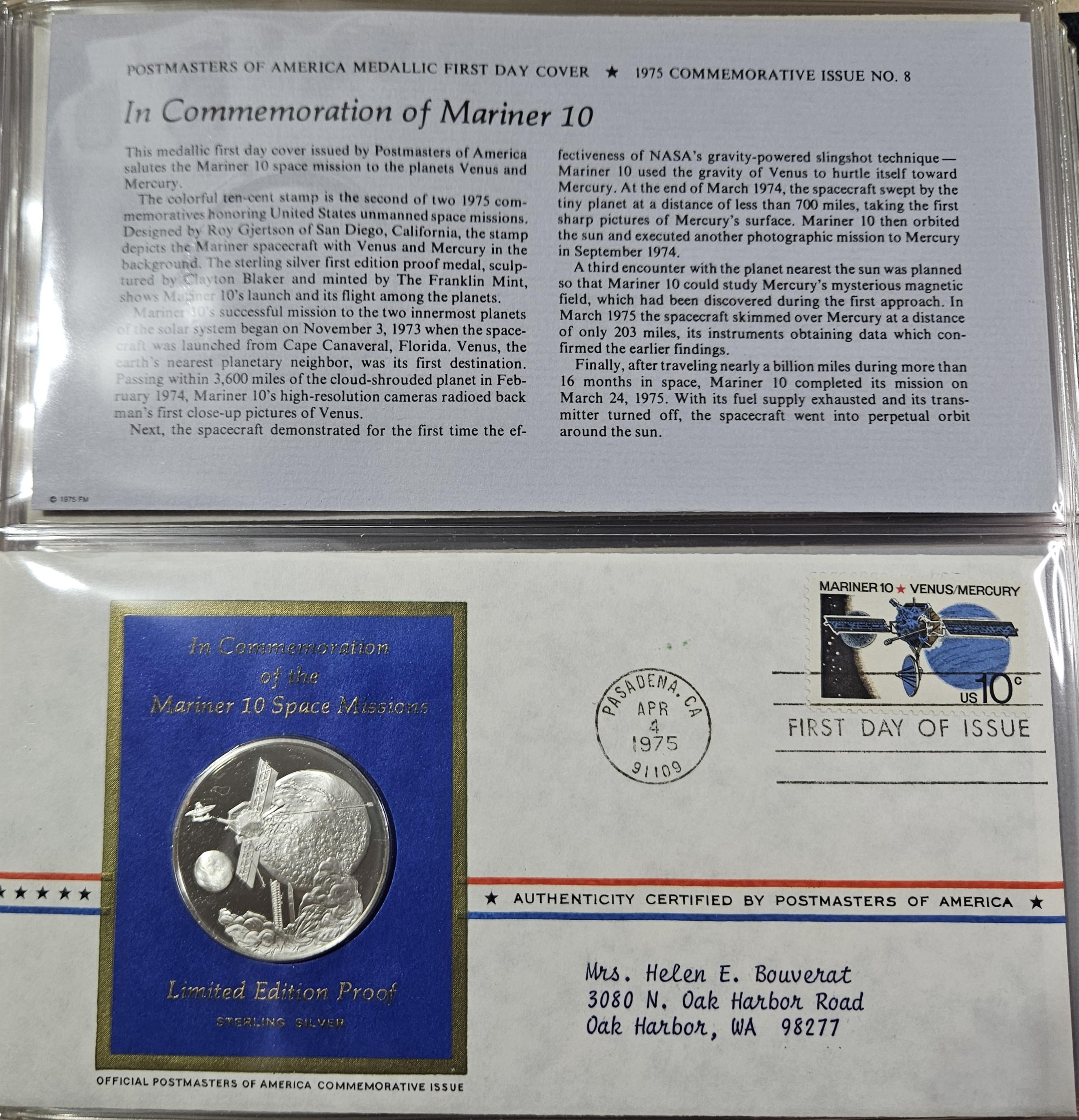Sterling Silver Mariner 10 Commemorative Proof w/ 1st Day Issue