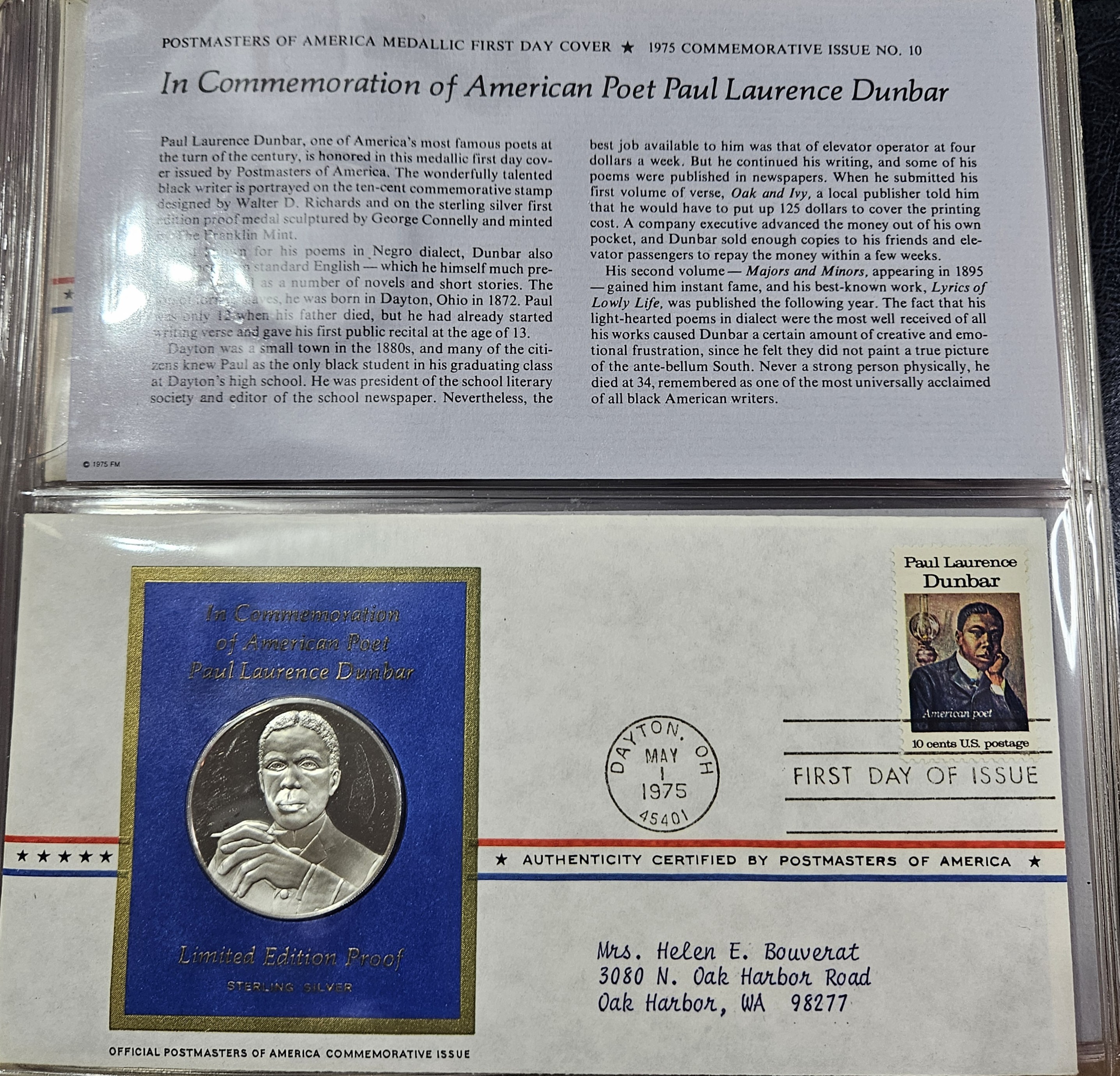 Paul Laurence Dunbar Sterling Silver Proof - w/ 1st Day Issue Stamp