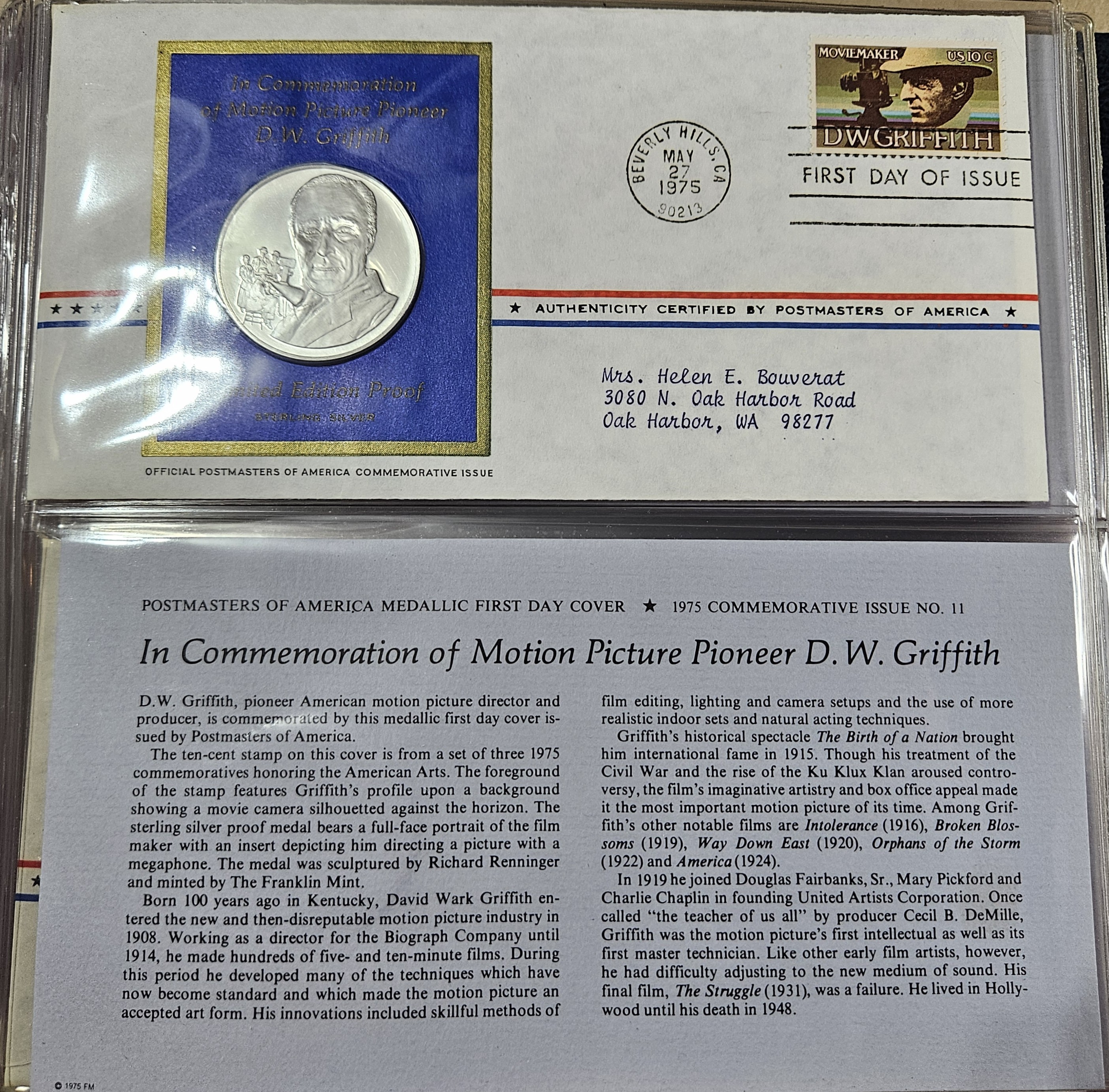 Sterling Silver Proof DW Griffith - w/1st Day Issue Stamp