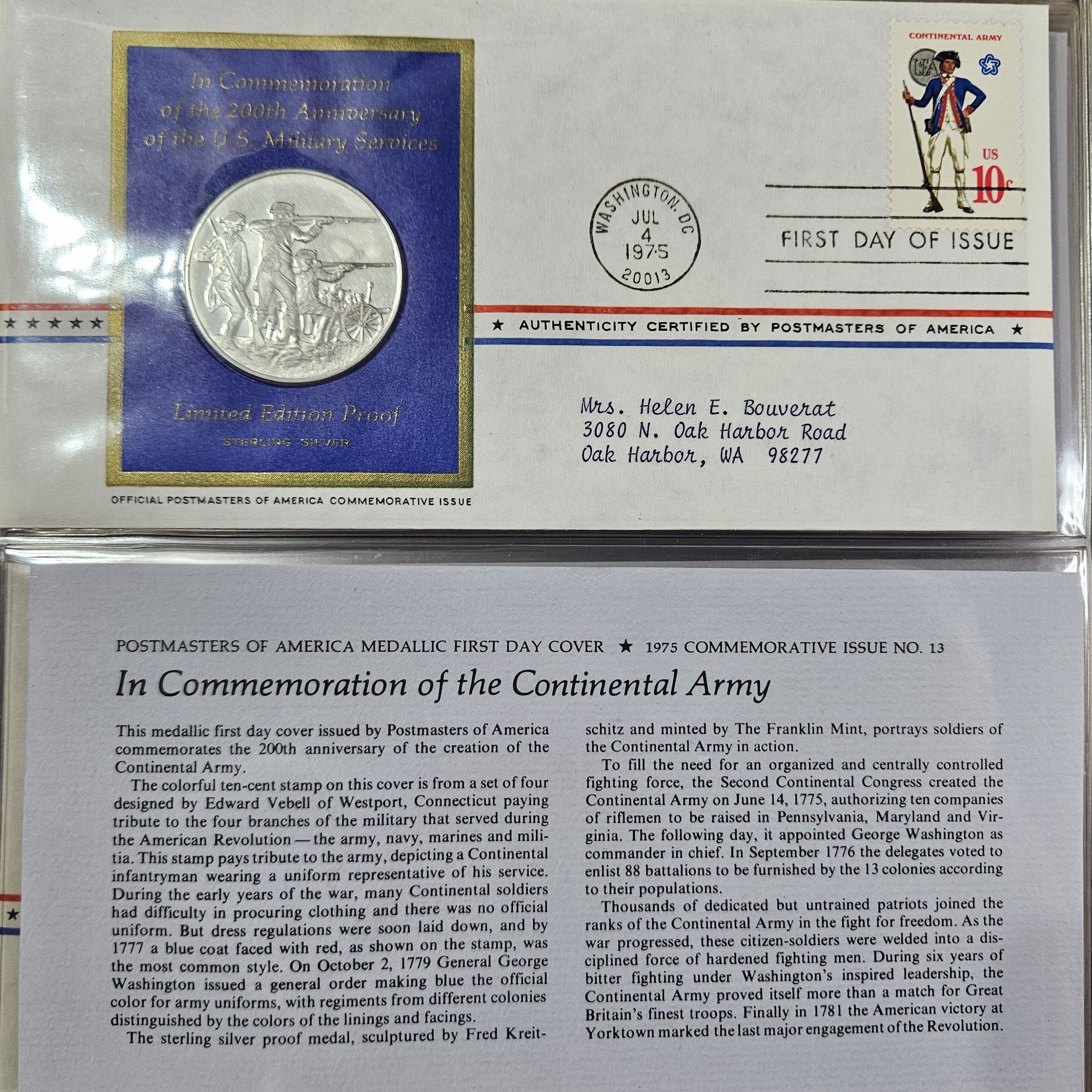 Sterling Silver Continental Army Proof- w/1st Day Issue Stamp
