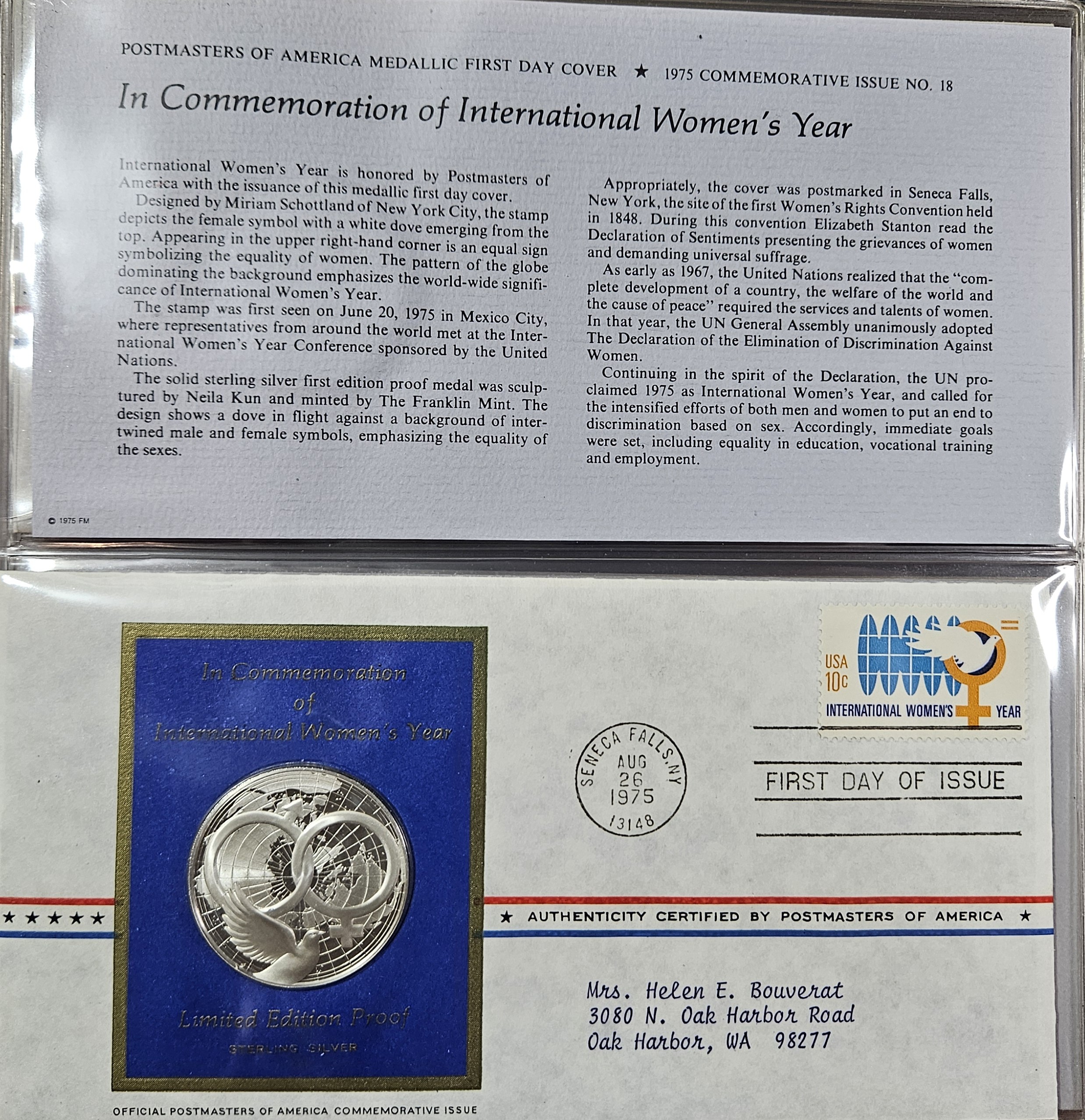 Sterling Silver Proof International Women's Year - W/ 1st Year Stamp