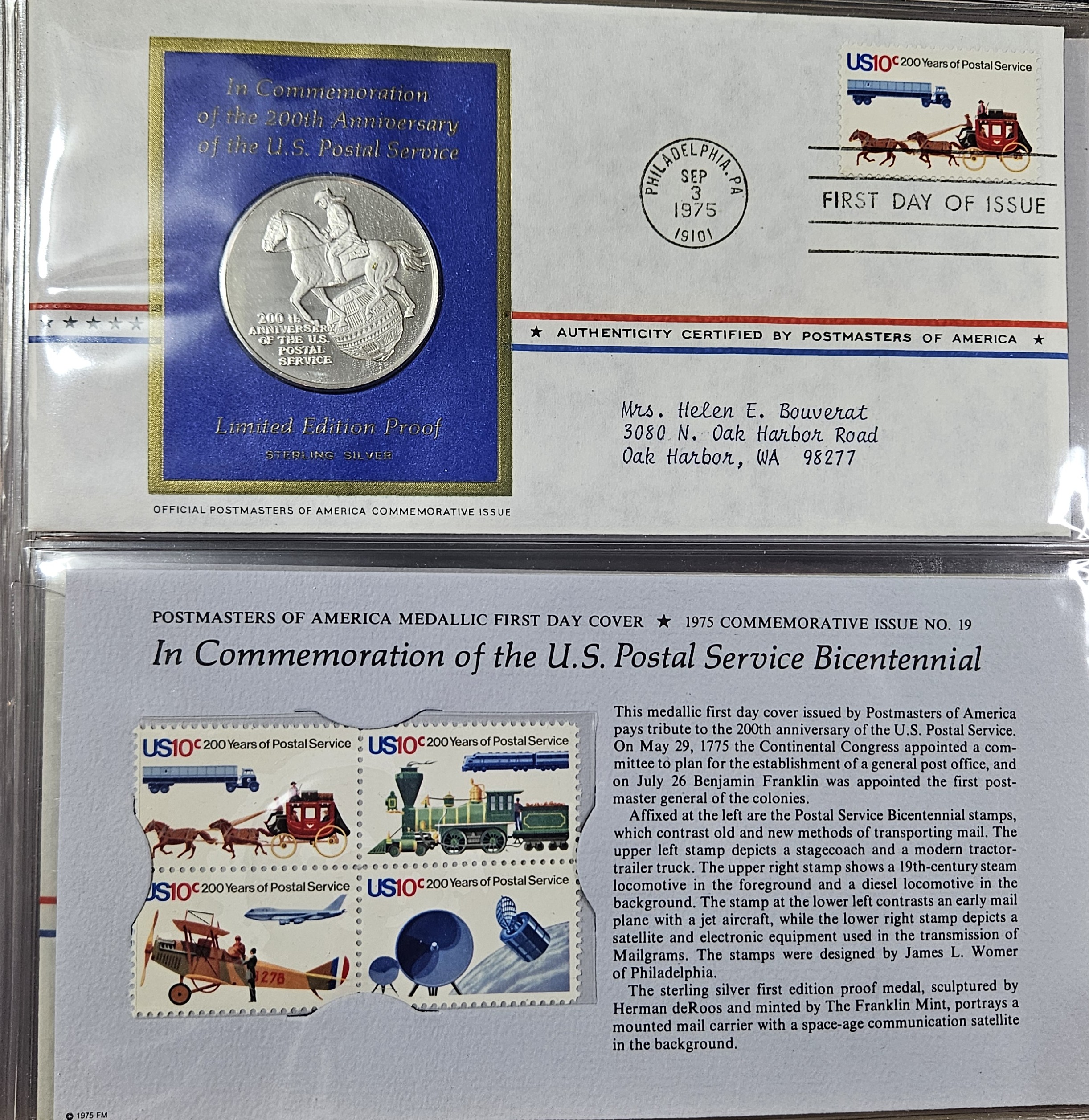 200th Anniversary of Postal Service Sterling Silver Proof - W/ 1st day issue Stamp