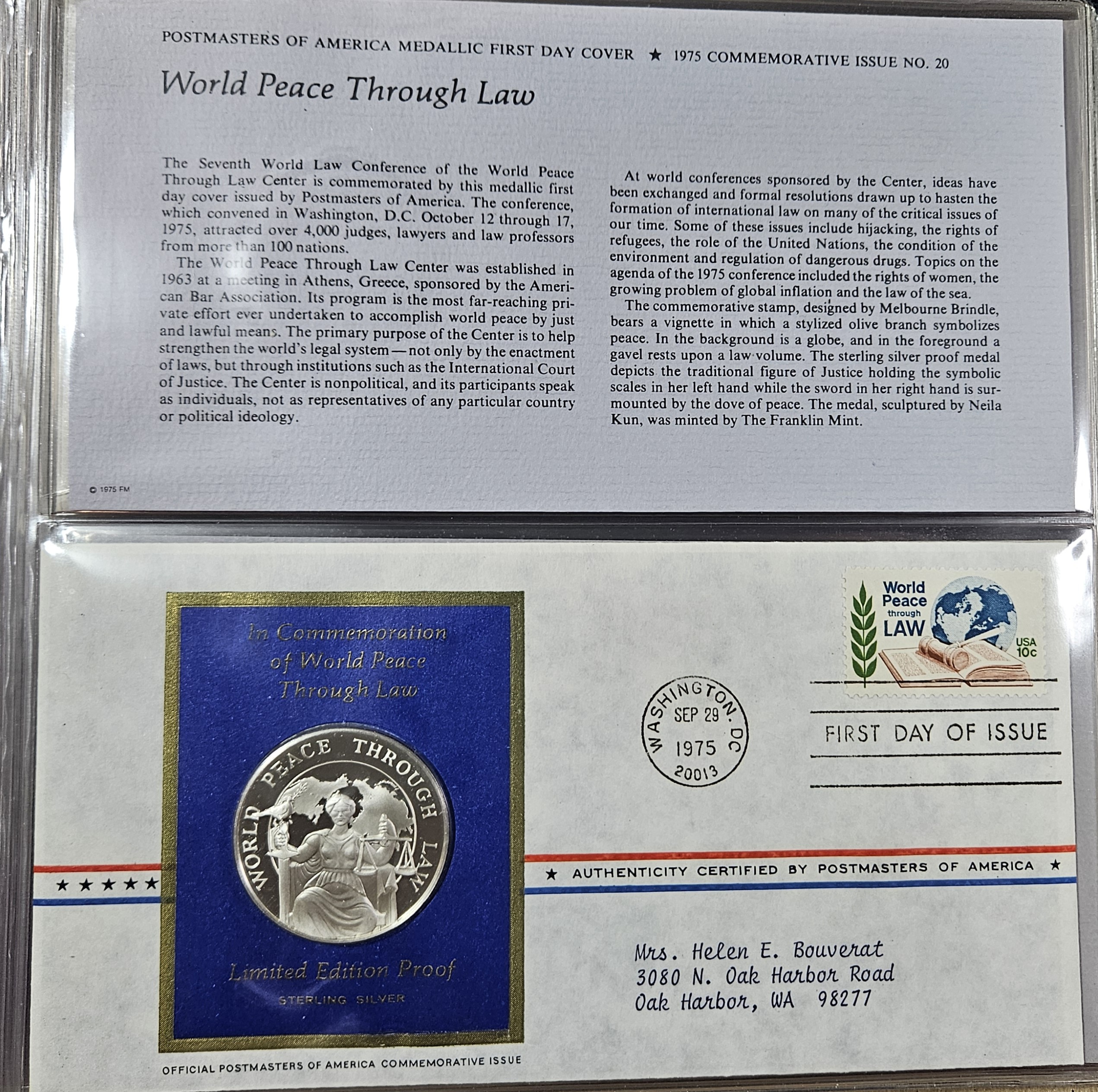 World Peace Through Law- Sterling Silver Proof- W/1st Day Issue