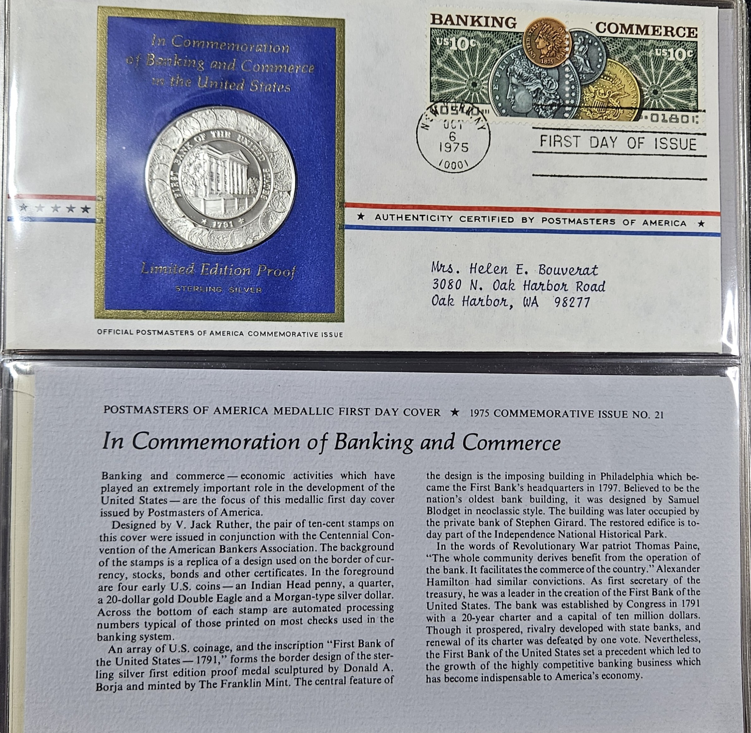 Sterling Silver Proof Banking and Commerce - W/1st Day Issue Stamp