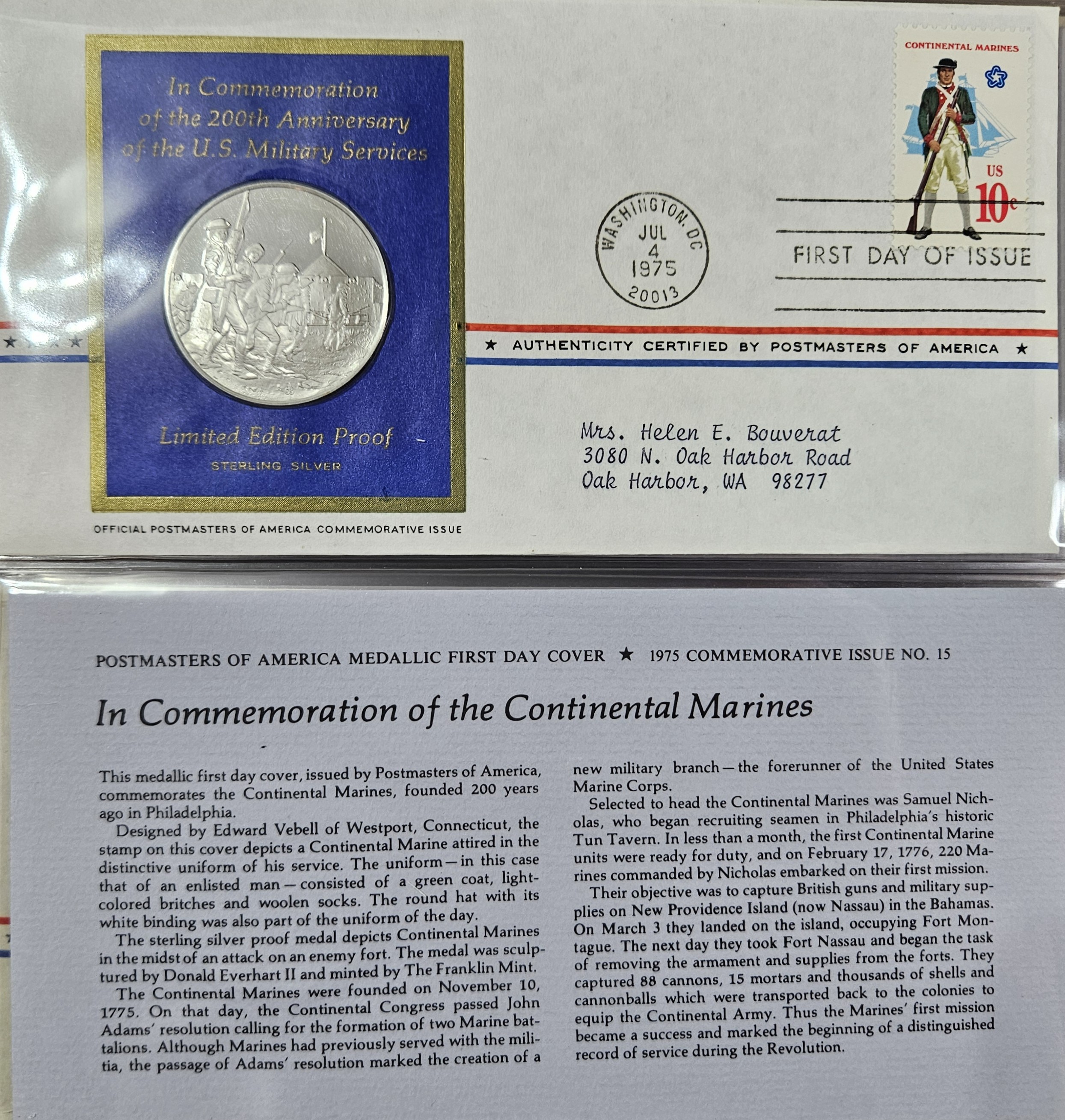 Sterling Silver Continental Marines Proof - W/1st Day Stamp