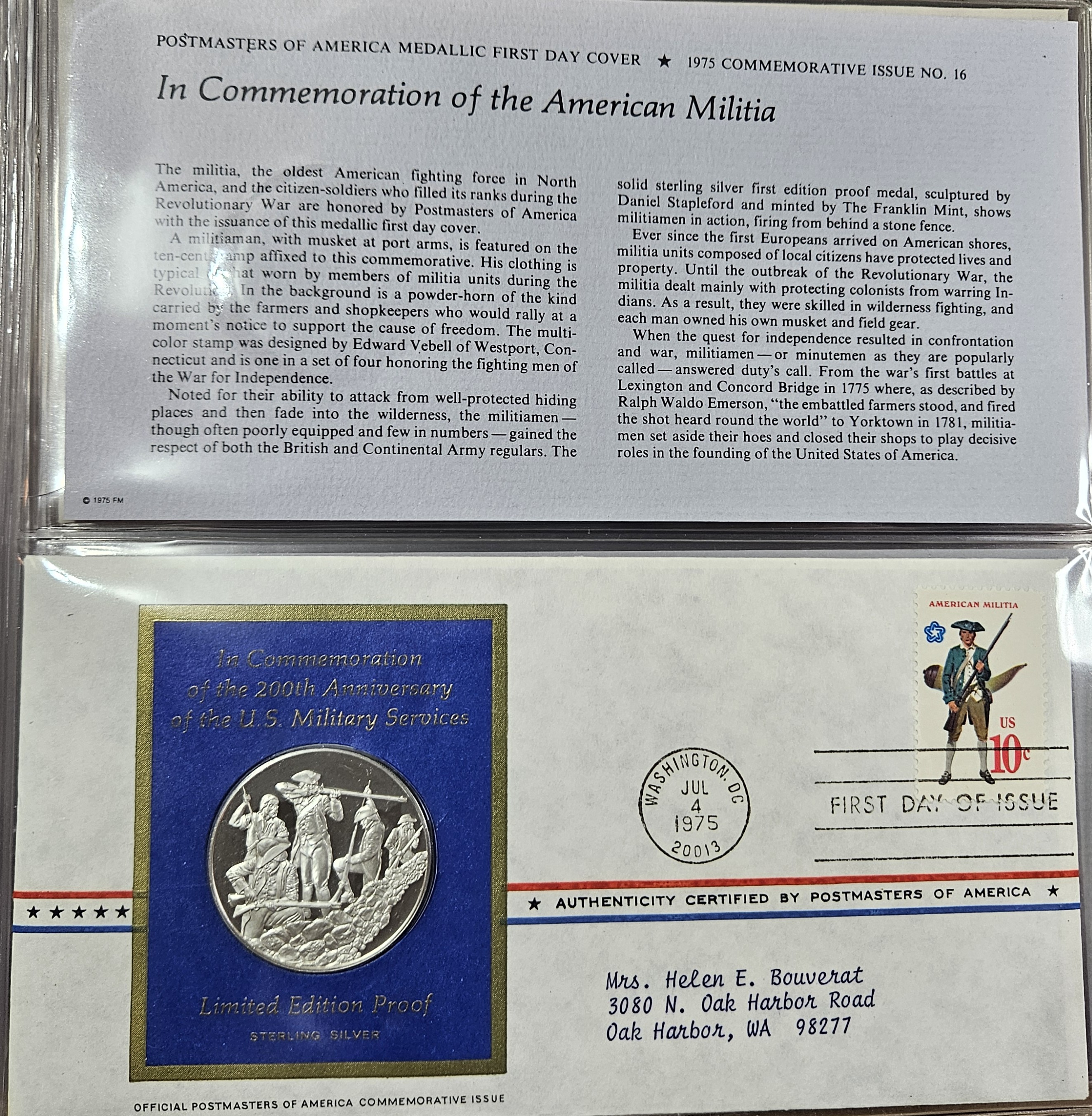American Militia Sterling Silver Proof - W/1st Day Issue Stamp