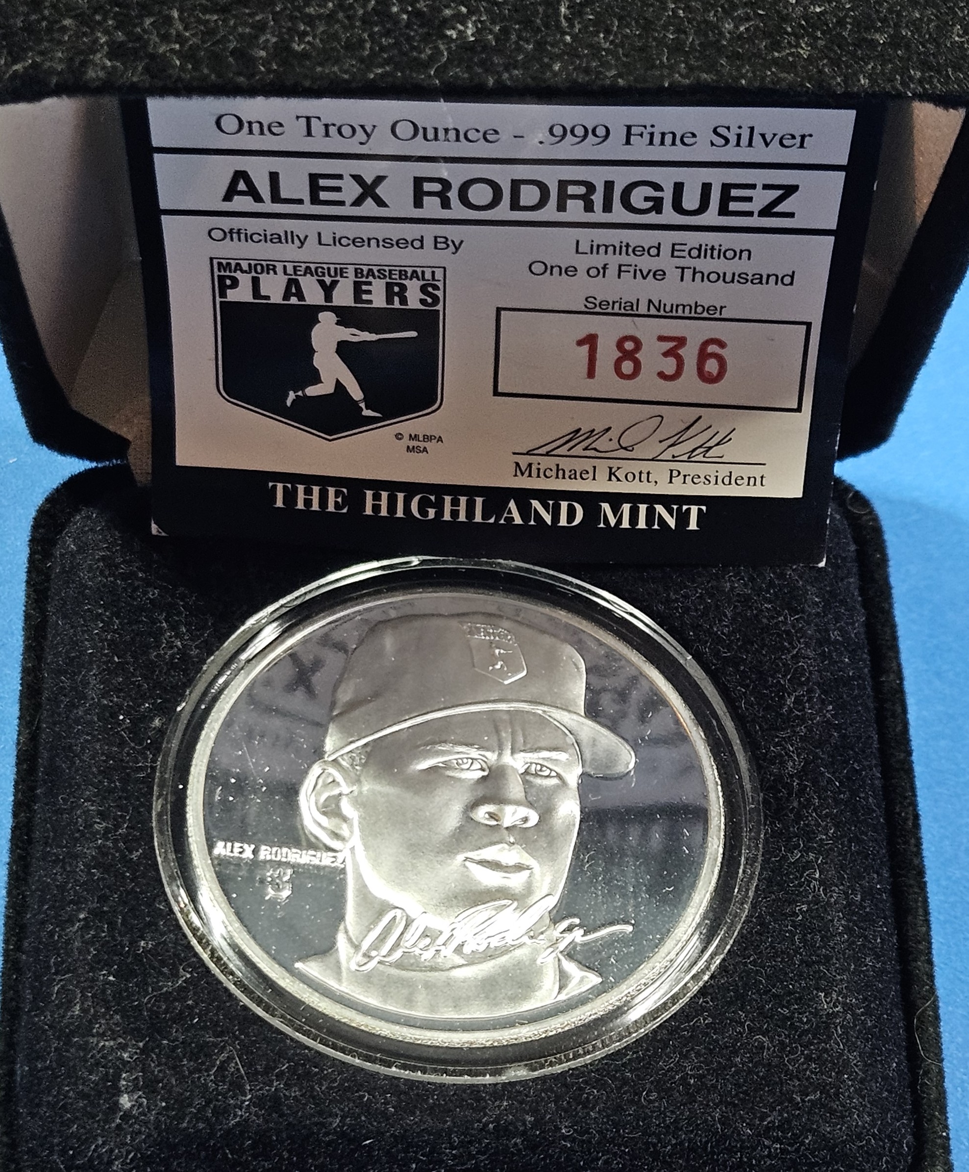1 Troy Ounce Proof Alex Rodriguez - .999 Silver Round - MLB Players Series Collectible